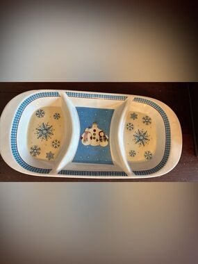 Sakura Holiday Snowman Ceramic Divided Serving Tray - Blue & White